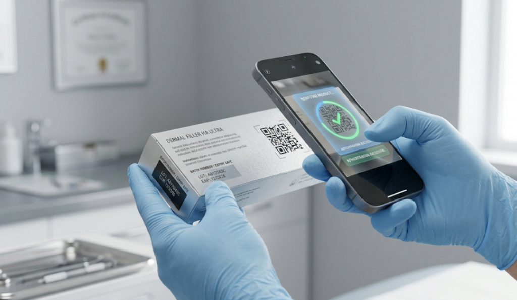 Gloved hands hold a box with a QR code while a smartphone scans it for verification.