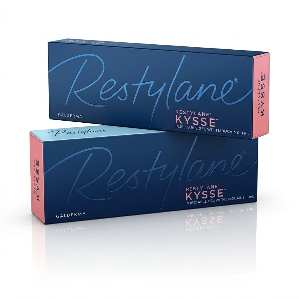 Two blue Restylane KYSS&Eacute; injectable gel boxes with pink ends, stacked and reflected on a white surface.