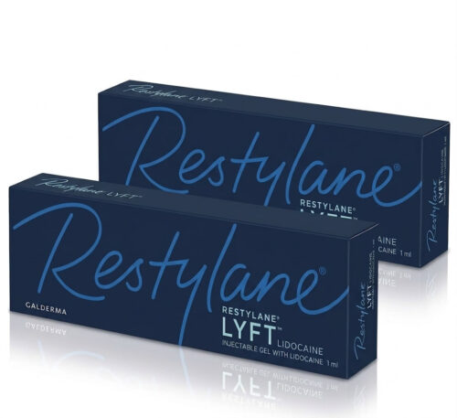 Two dark blue Restylane LYFT boxes shown at an angle, product packaging for cosmetic dermal filler.