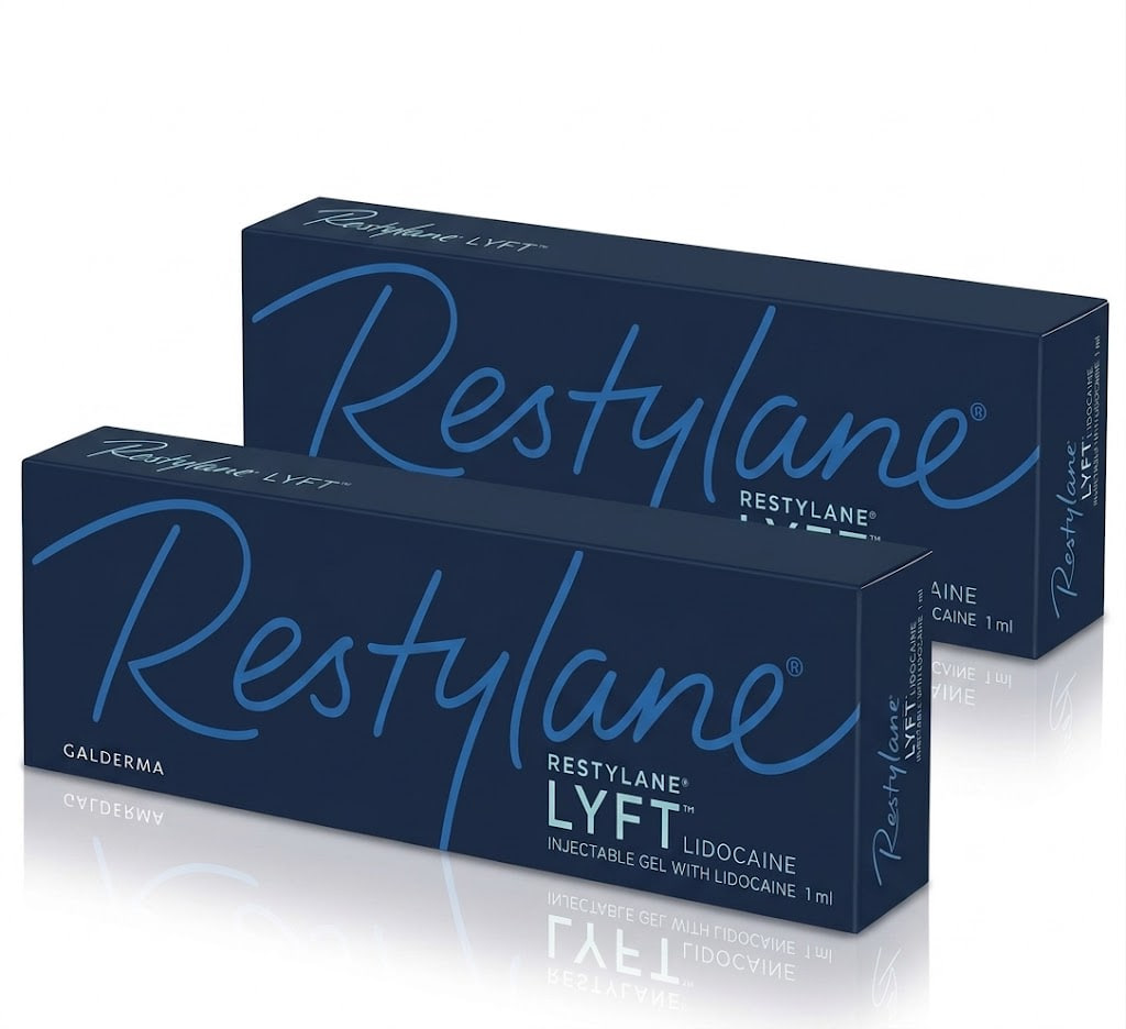 Two dark blue Restylane LYFT boxes shown at an angle, product packaging for cosmetic dermal filler.