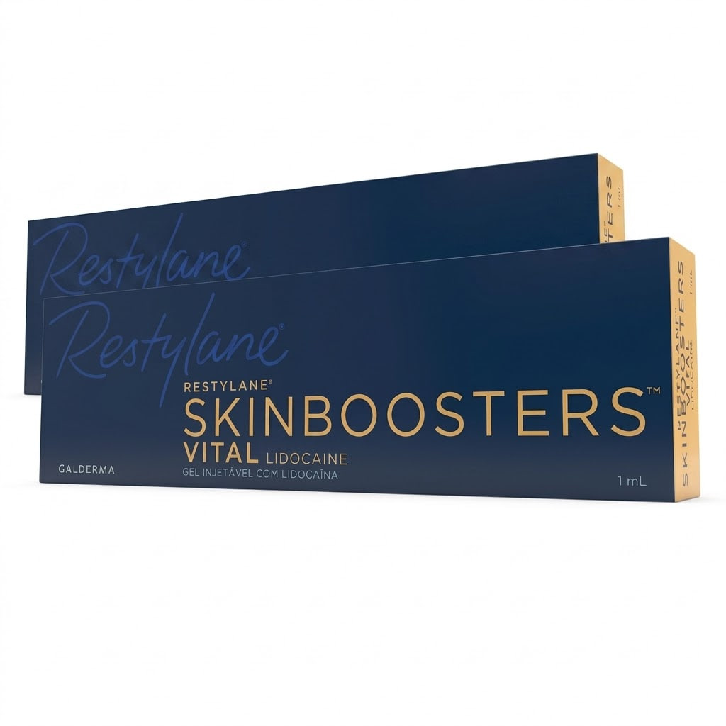 Packaging for Restylane Skinboosters dermal filler with blue and gold design, showing 'Restylane Skinboosters' and 'lidocaine' text on the box.