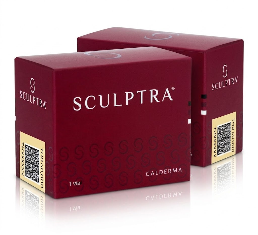 Two maroon Sculptra boxes (Galderma) for cosmetic injectable, shown side by side with reflective surface and barcodes.